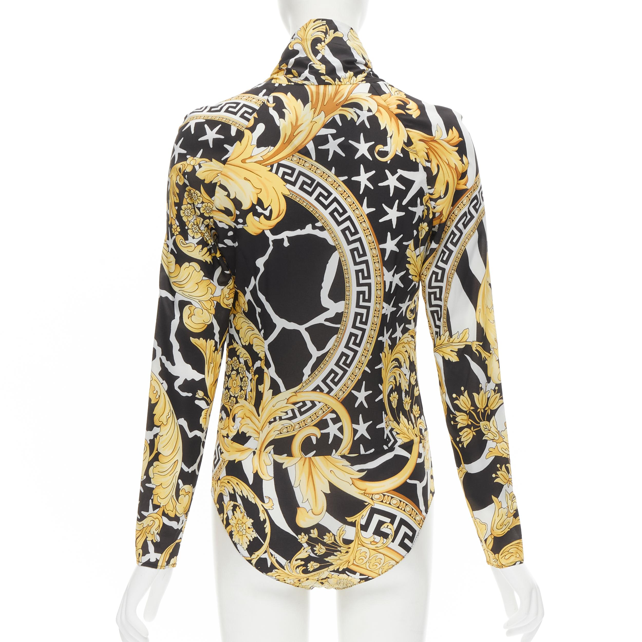 Women's new VERSACE Savage Barocco black gold plunge neck bodysuit top IT38 XS