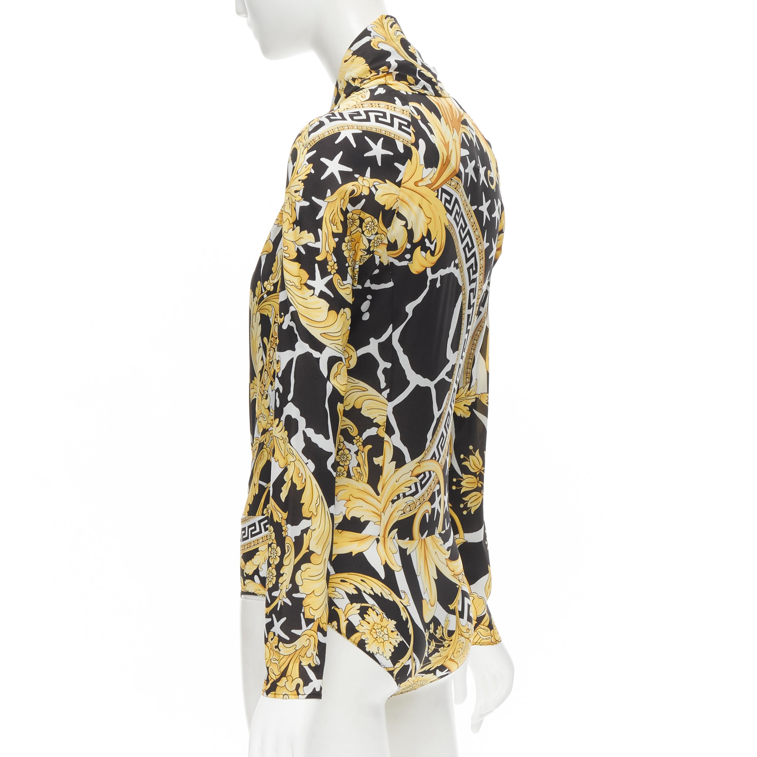 new VERSACE Savage Barocco black gold plunge neck bodysuit top IT38 XS 1