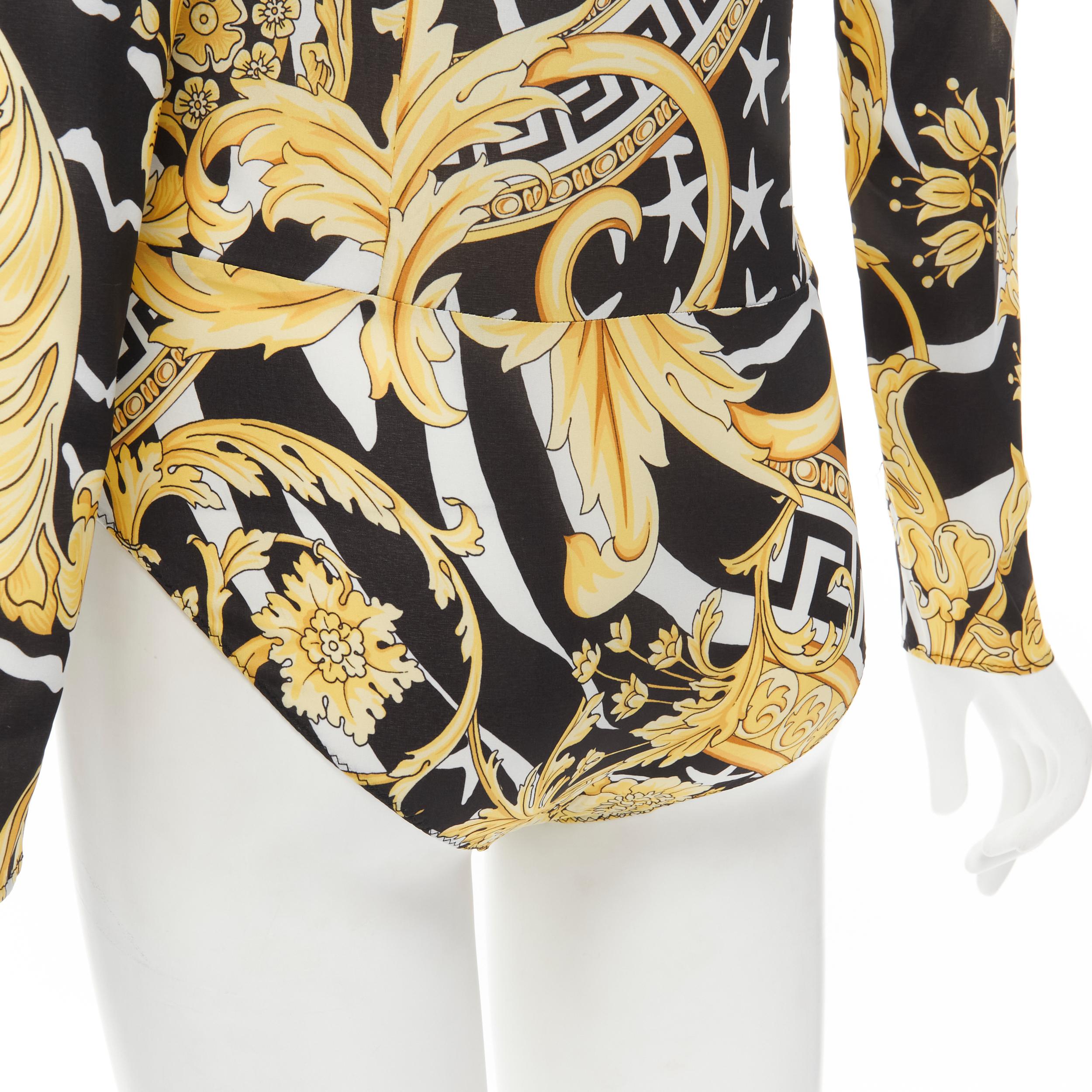 new VERSACE Savage Barocco black gold plunge neck long sleeve body top IT40 S 6