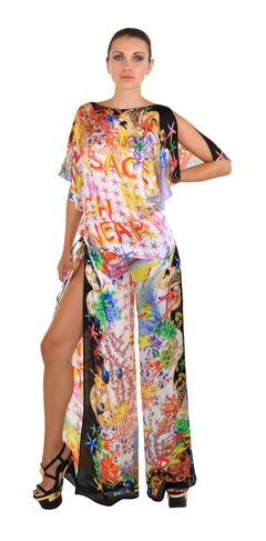 NEW VERSACE SEASHELL and GRAFFITI PRINT 100% SILK PANT SUIT Size 38