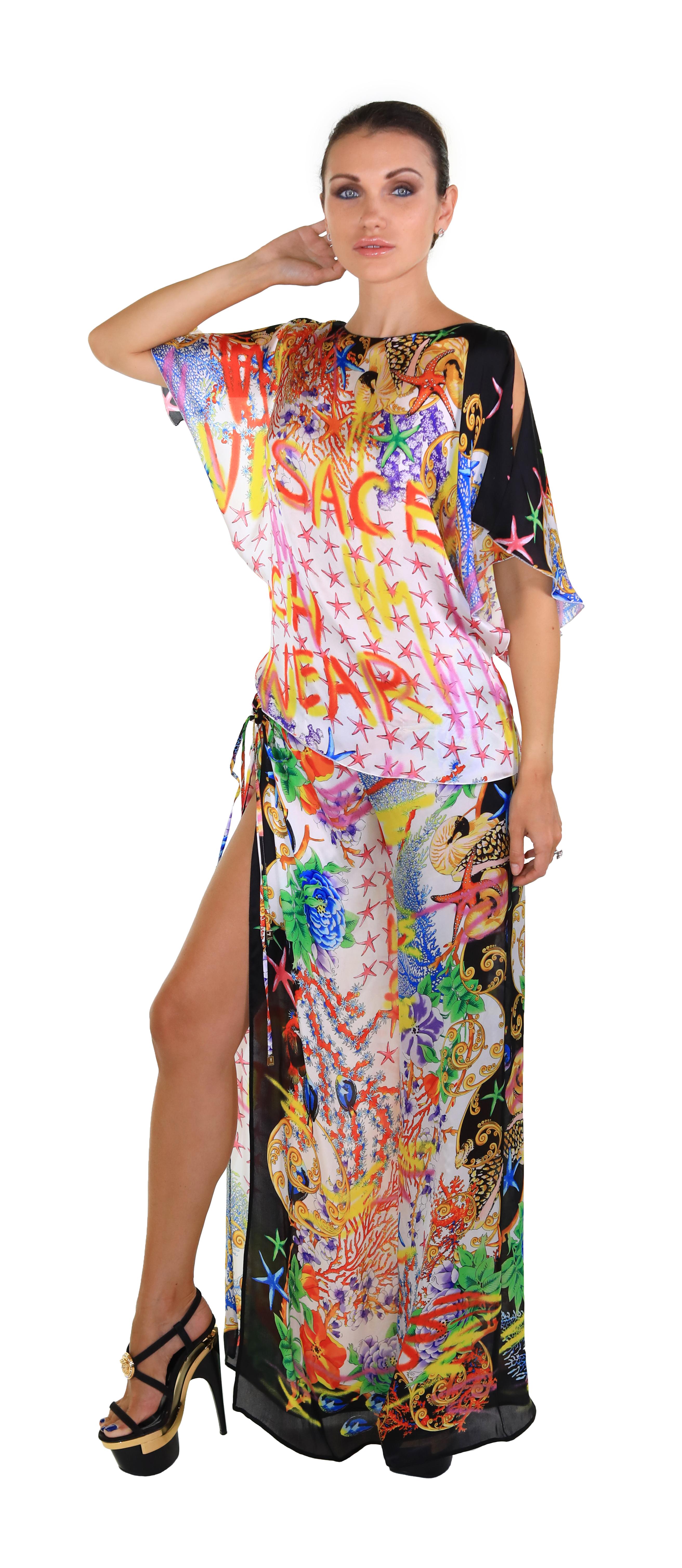 NEW VERSACE SEASHELL and GRAFFITI PRINT 100% SILK PANT SUIT Size 38 For Sale 1