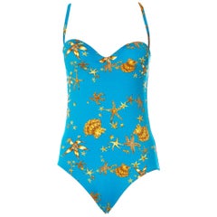 New Versace Seashell and Starfish Turquoise Yellow Swimsuit size 2