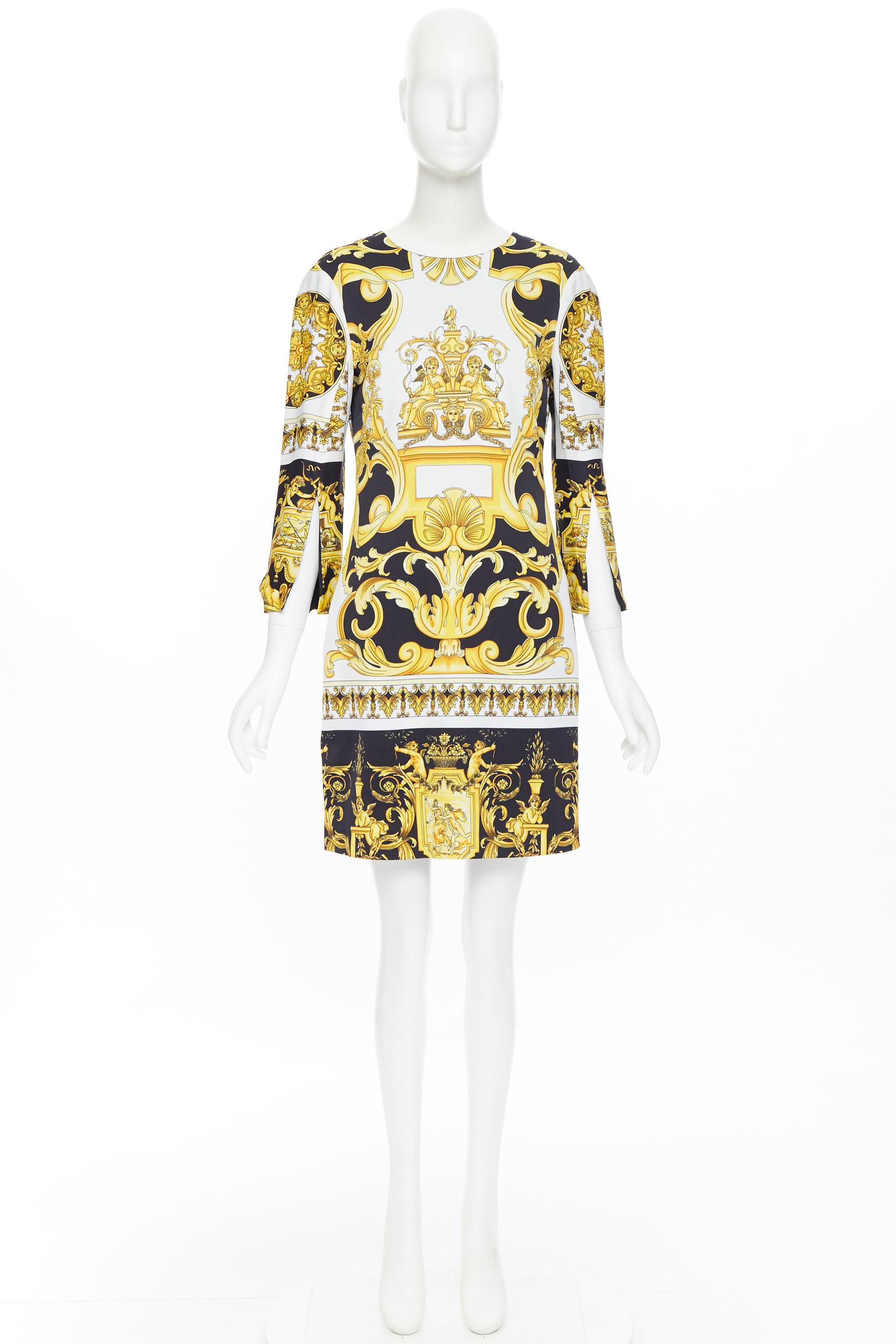 Beige new VERSACE Signature Baroque Cherub Medusa printed viscose shift dress IT38 XS