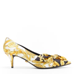 new VERSACE signature baroque gold black white knot bow kitten heel pump EU39