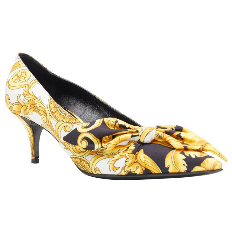 new VERSACE signature baroque gold black white knot bow kitten heel ...