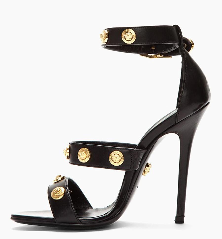 Women's New Versace Signature Gold Tone Medusa Black Leather High Heel Sandals  37.5 7.5 For Sale