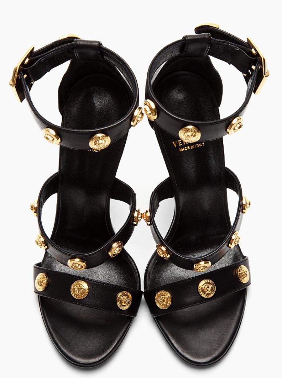 New Versace Signature Gold Tone Medusa Black Leather High Heel Sandals  37.5 7.5 For Sale 1