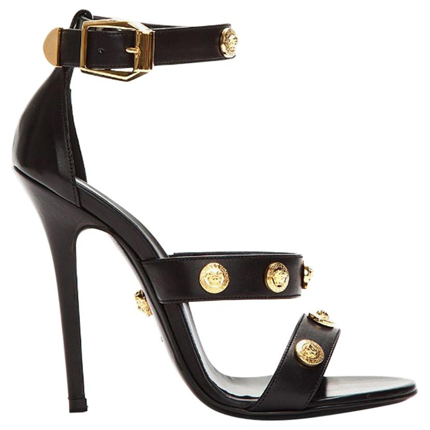 New Versace Signature Gold Tone Medusa Black Leather High Heel Sandals 37.5  For Sale at 1stDibs | versace heel, black versace heels, gold versace heels