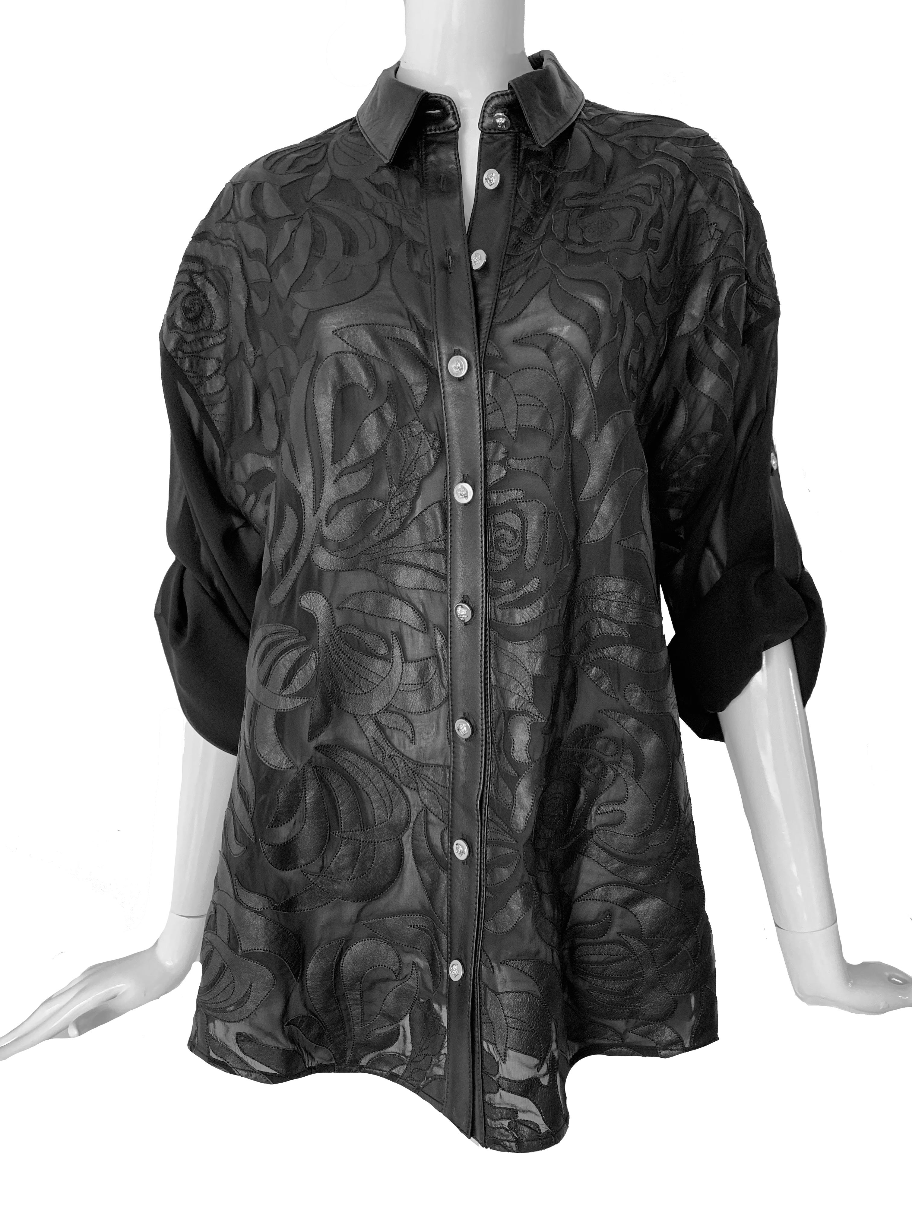 Women's New Versace Silk Cut Out Leather Applique Shirt IT42 US 4-6 For Sale