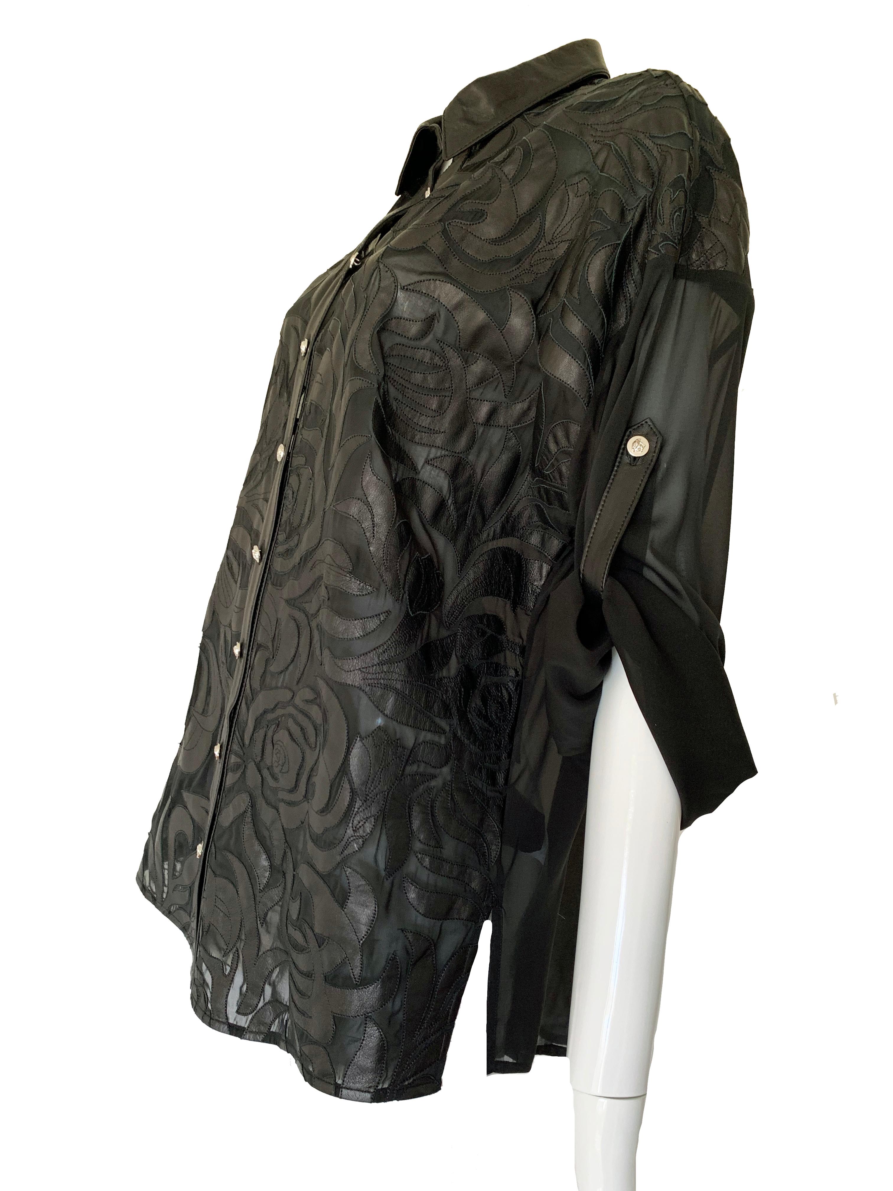 New Versace Silk Cut Out Leather Applique Shirt IT42 US 4-6 For Sale 1
