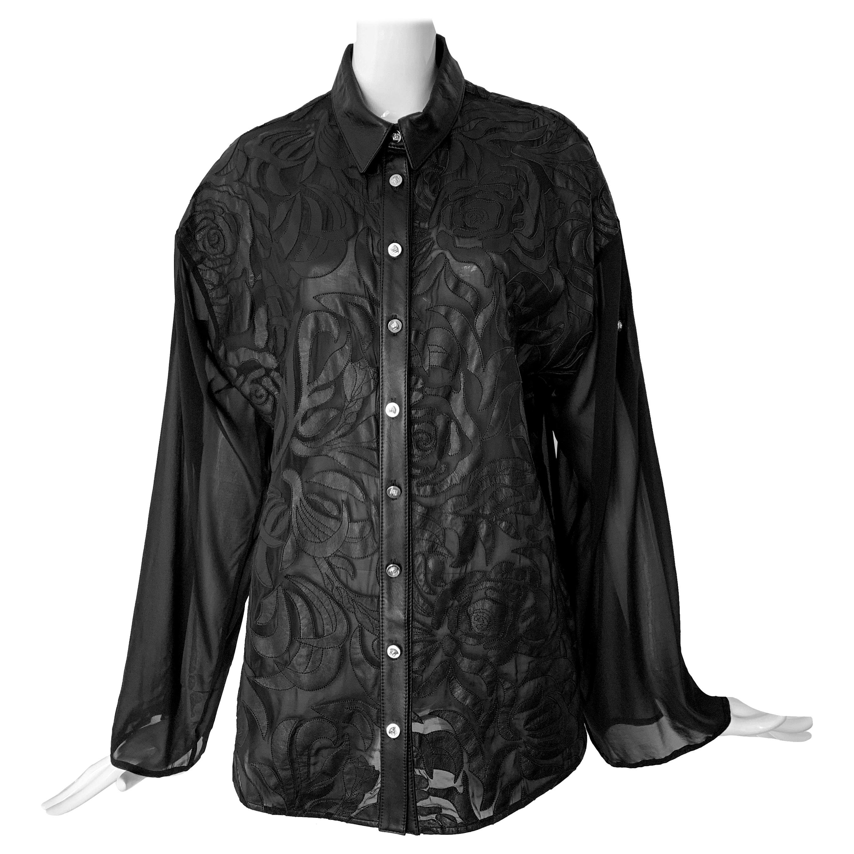New Versace Silk Cut Out Leather Applique Shirt IT42 US 4-6 For Sale