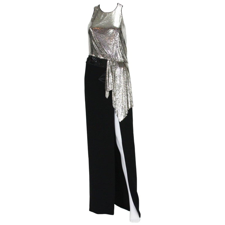 NWT Versace Silver Metallic Mesh Cut Out Black High Slit Gown It size 42 US  8 For Sale at 1stDibs | cut out gowns