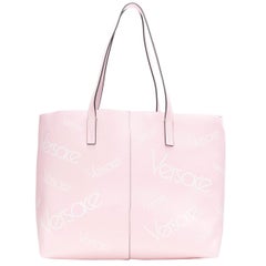 new VERSACE smooth calf leather light pink 90's logomania monogram printed tote
