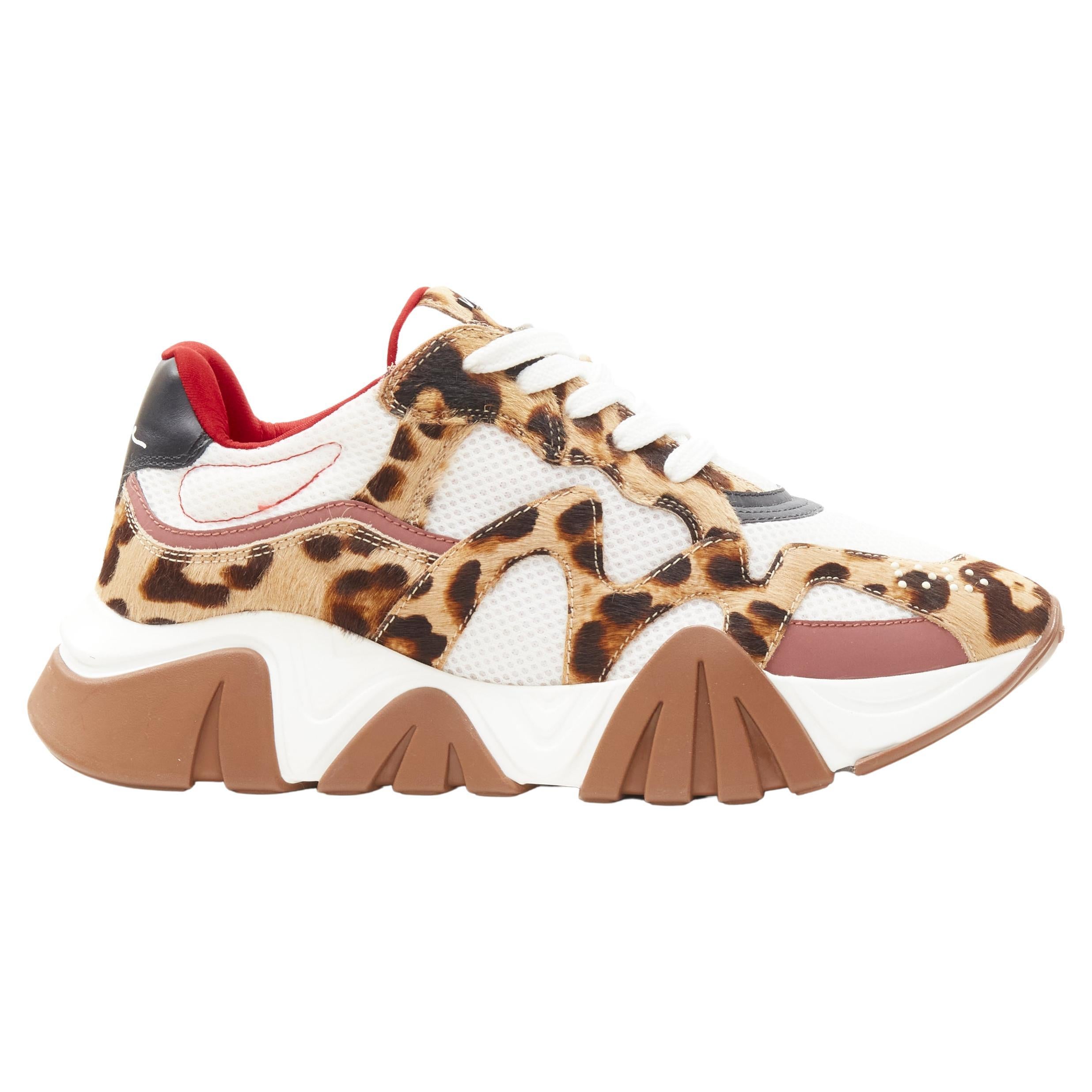 new VERSACE Squalo brown leopard calfskin white mesh chunky sneakers EU41 US8 For Sale