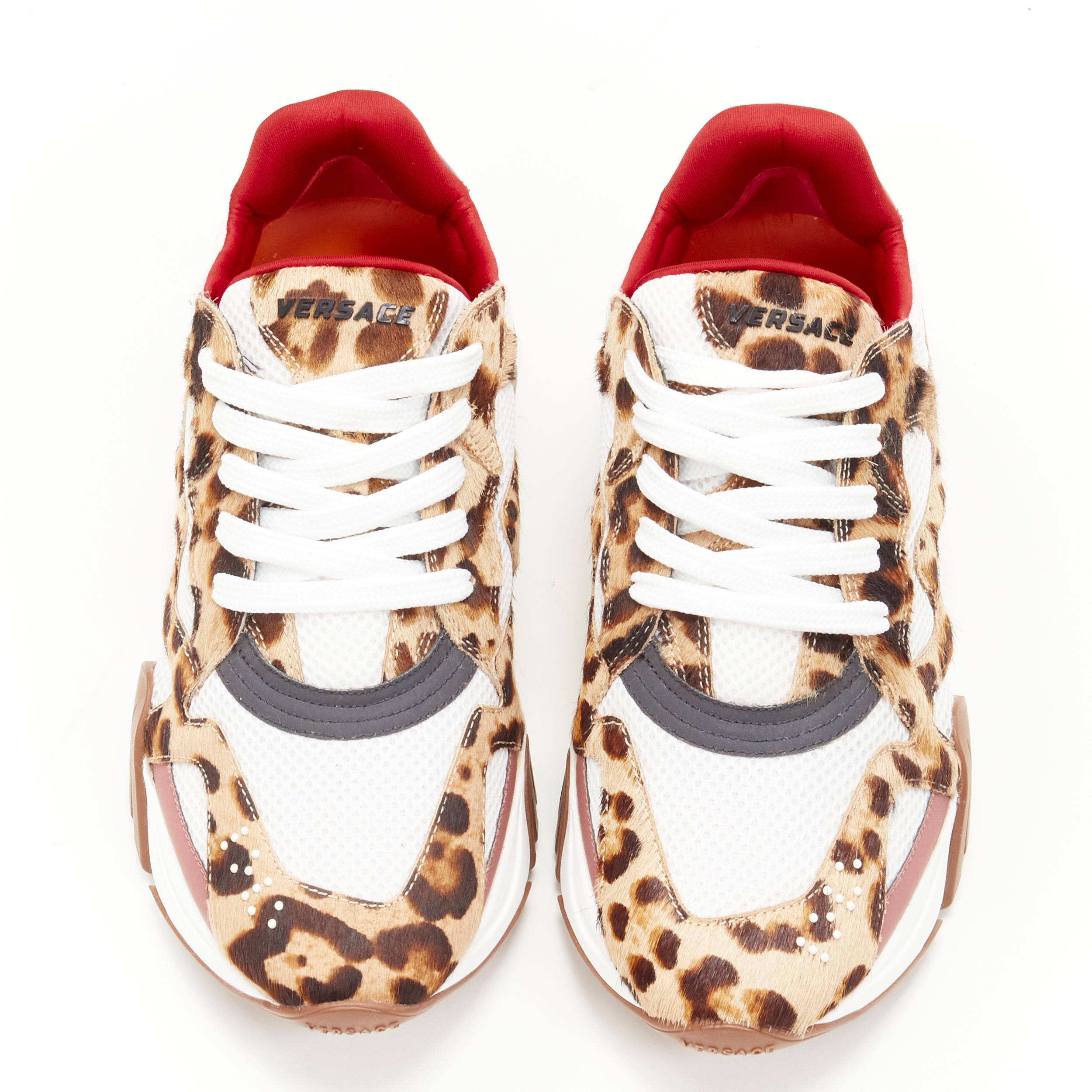 Beige new VERSACE Squalo brown leopard calfskin white mesh chunky sneakers EU41.5