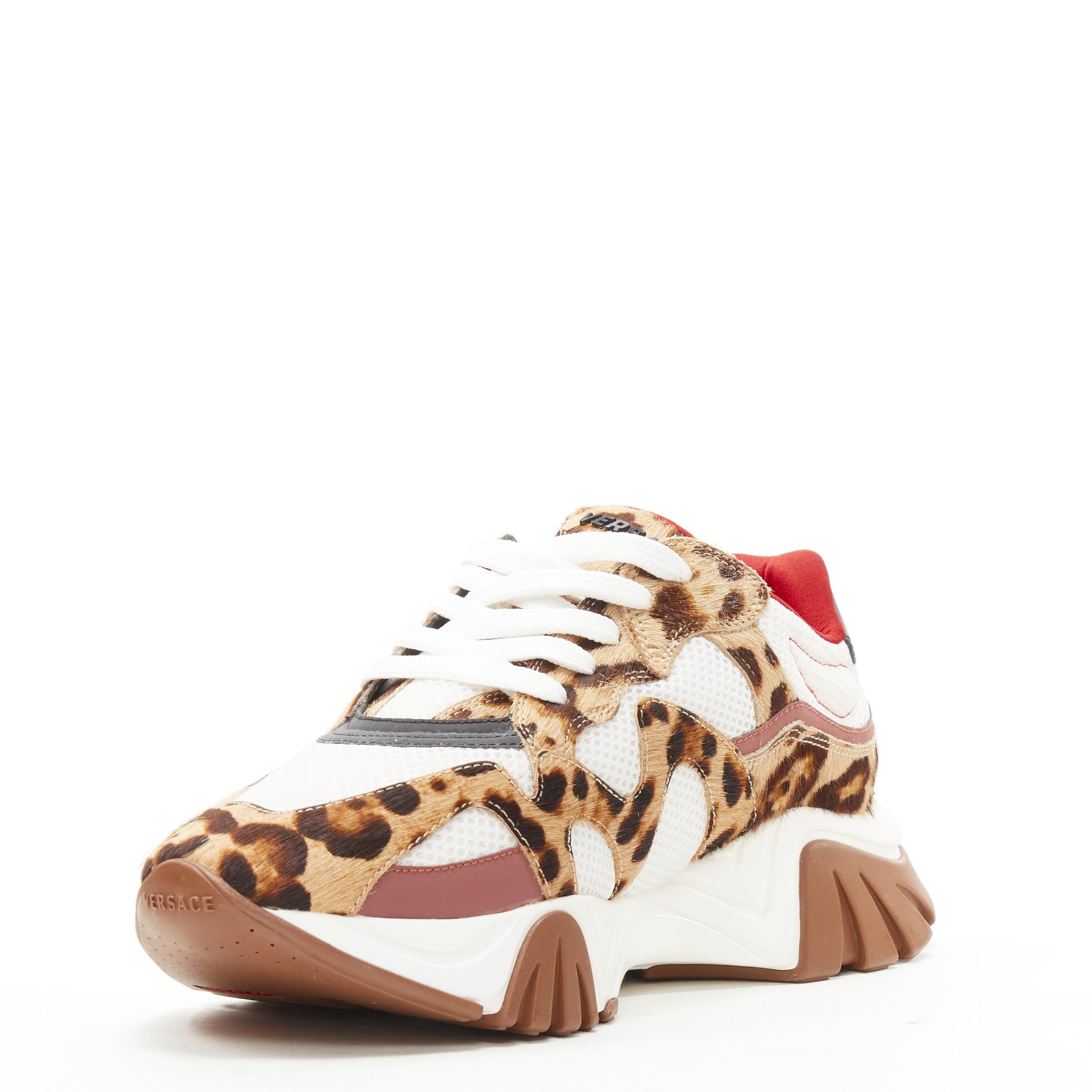 new VERSACE Squalo brown leopard calfskin white mesh chunky sneakers EU41.5 In Good Condition In Hong Kong, NT