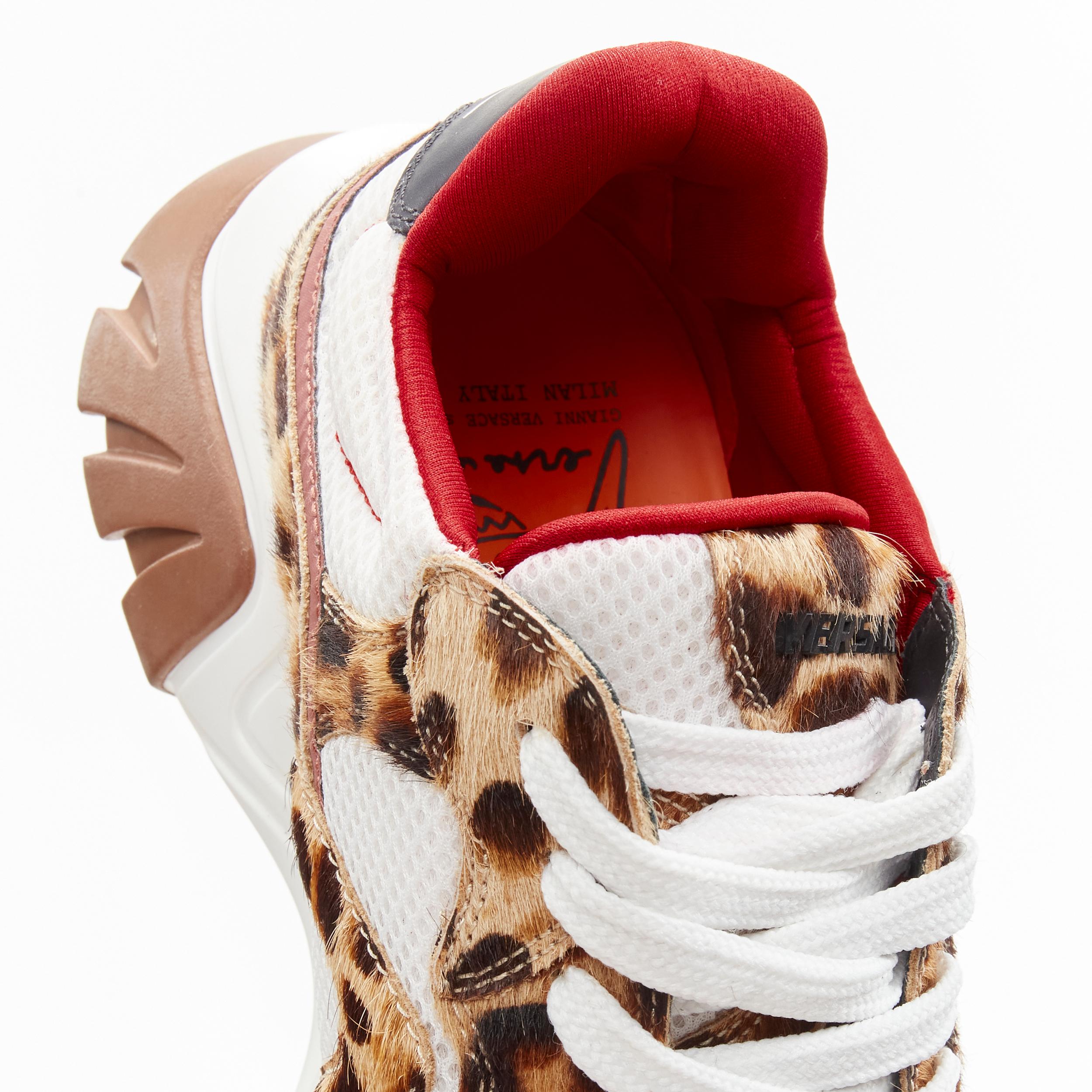 new VERSACE Squalo brown leopard calfskin white mesh chunky sneakers EU41.5 4