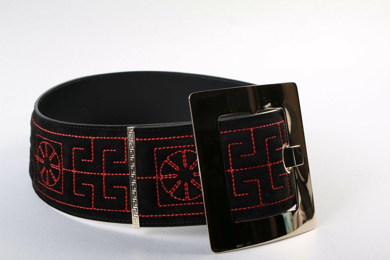 Black NEW VERSACE SQUARE BUCKLE BLACK EMBROIDERED GREEK SUEDE BELT for WOMEN 65/26 For Sale