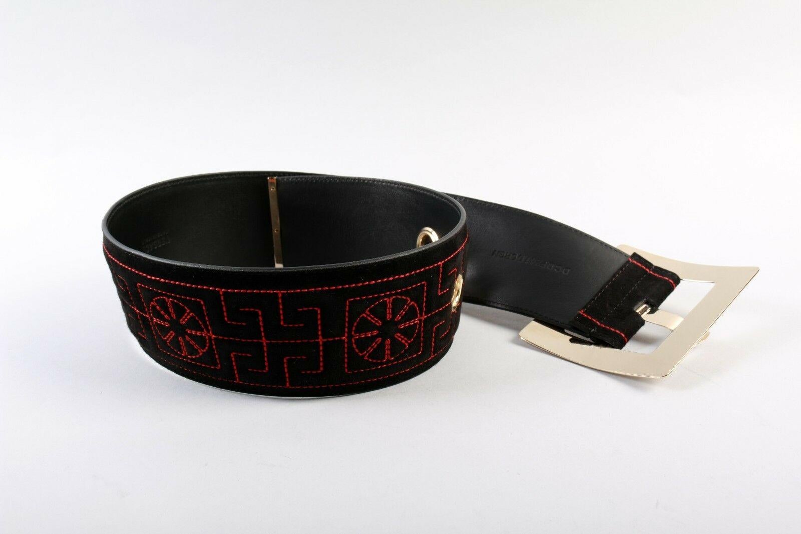 Women's NEW VERSACE SQUARE BUCKLE BLACK EMBROIDERED GREEK SUEDE BELT for WOMEN 65/26 For Sale