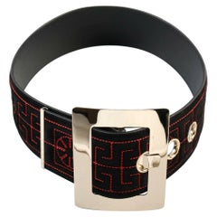 NEW VERSACE SQUARE BUCKLE BLACK EMBROIDERED GREEK SUEDE BELT for WOMEN 65/26
