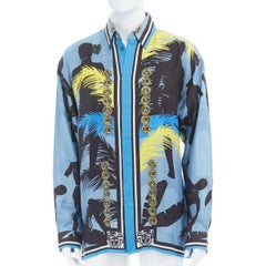 nuova camicia VERSACE SS15 Cuba blu stampa astratta 100% seta bottone medusa oro L