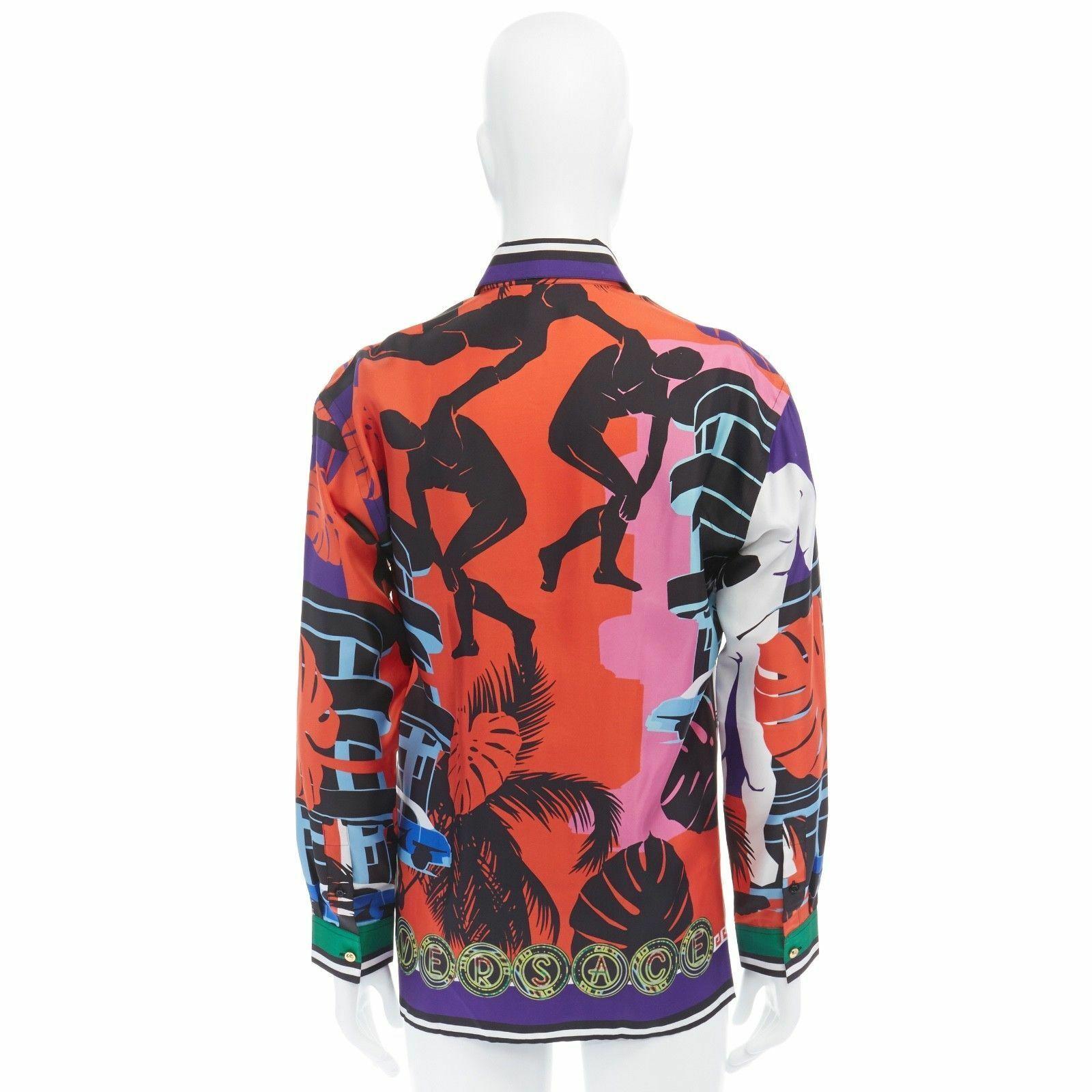 new VERSACE SS15 Cuba red abstract print 100% silk gold medusa button shirt XS 1