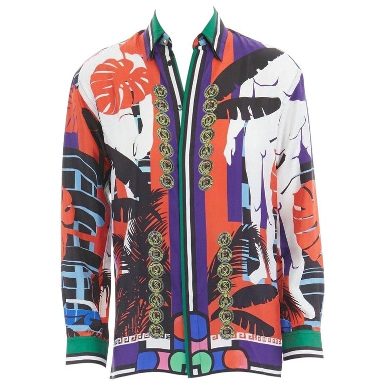 new VERSACE SS15 Cuba red abstract print 100% silk gold medusa button shirt XS For Sale