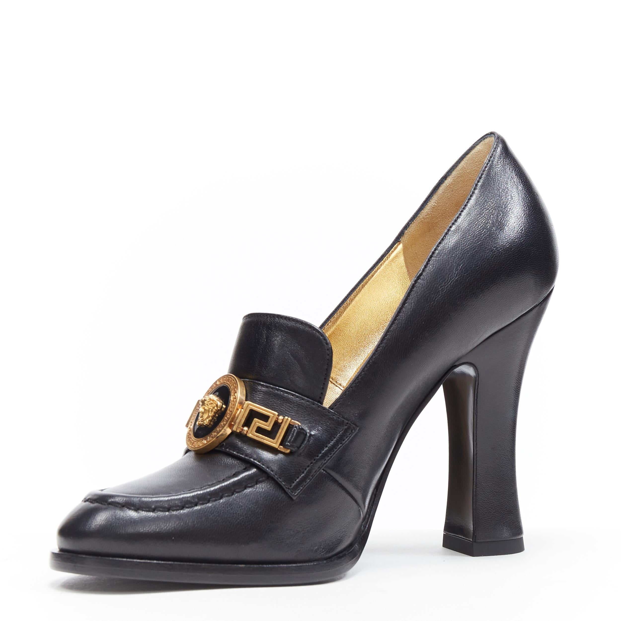 Black new VERSACE SS18 black leather Medusa chain charm chunky high heel loafer EU36