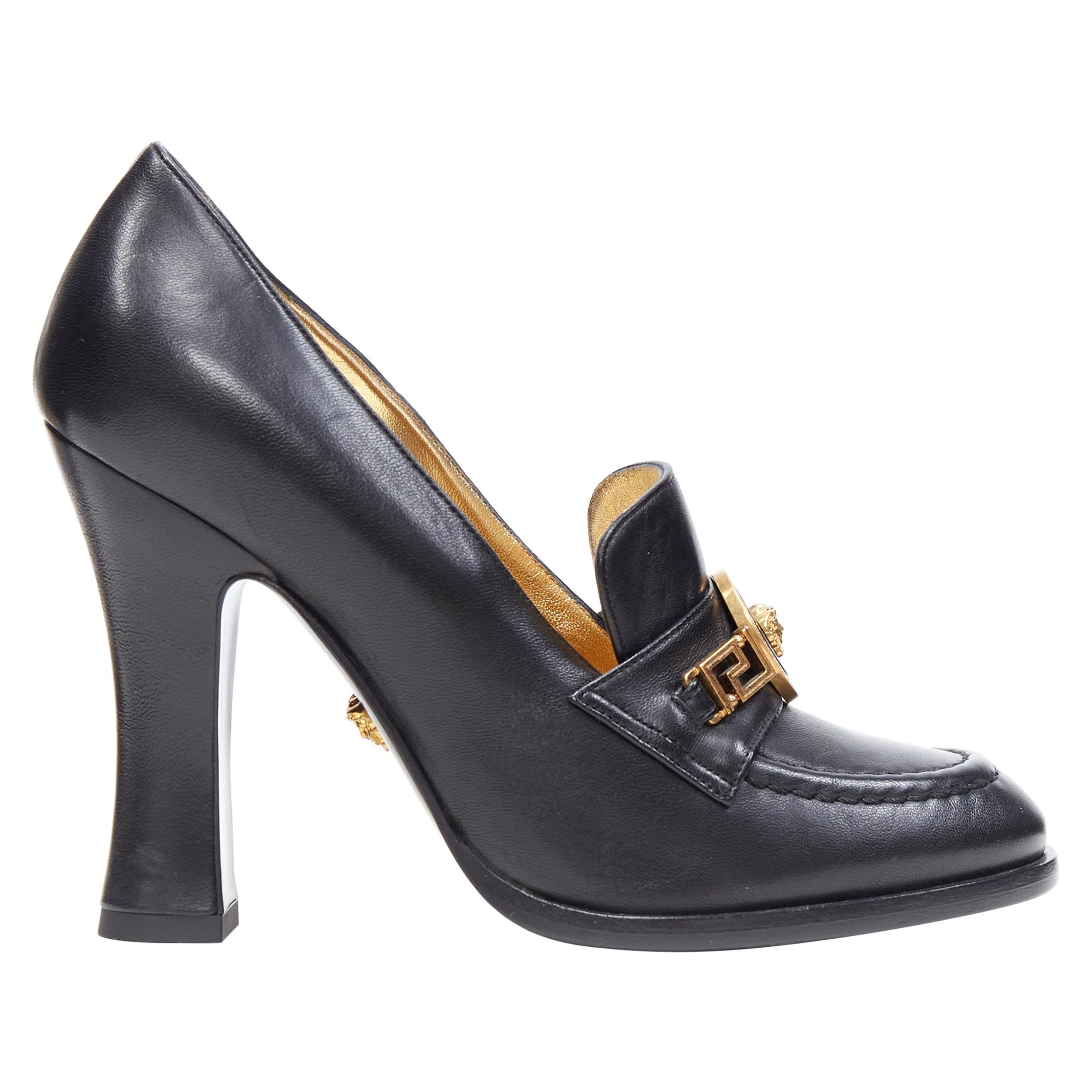 new VERSACE SS18 black leather Medusa chain charm chunky high heel loafer EU36