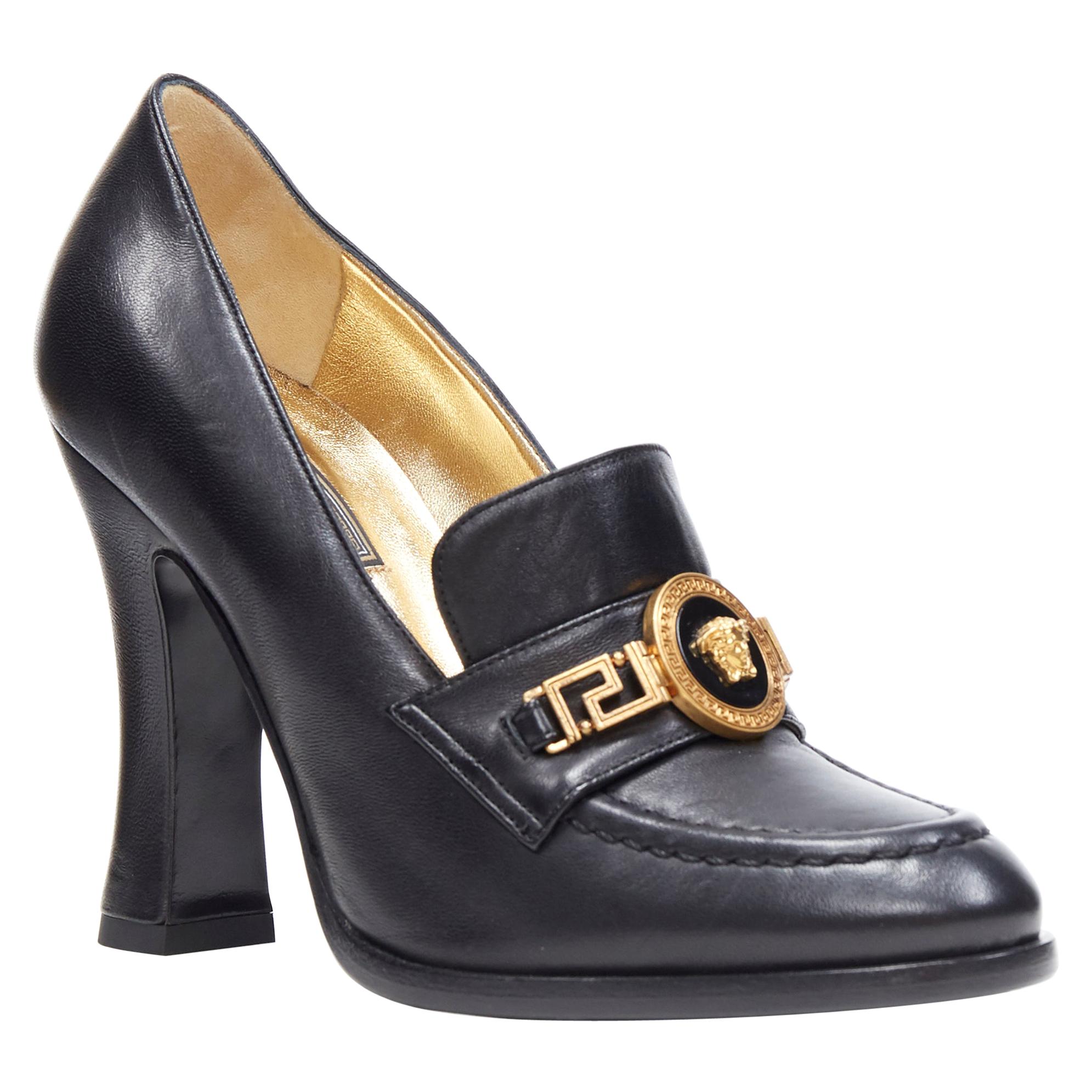 new VERSACE SS18 black leather Medusa chain charm chunky high heel loafer EU37