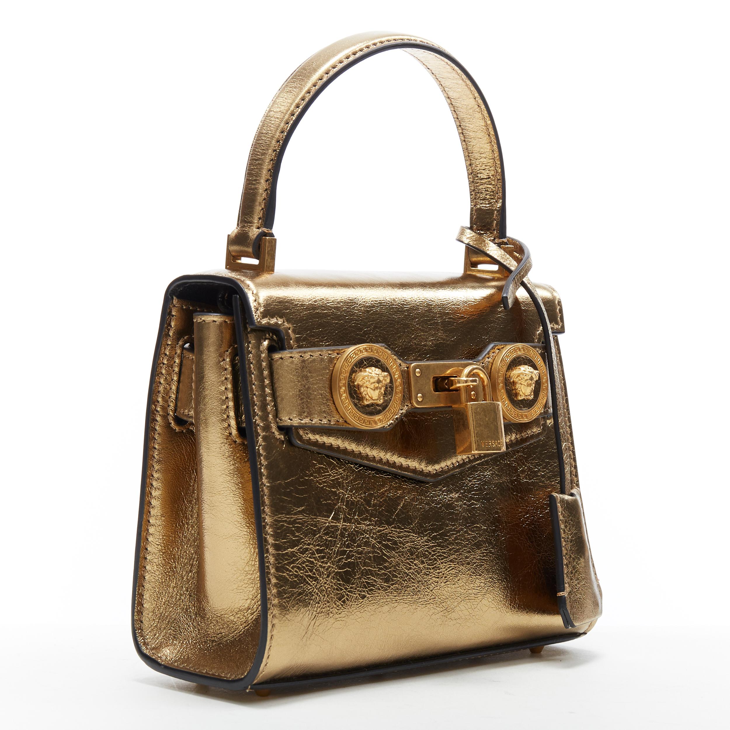 Brown new VERSACE SS18 Diana Icon metallic gold calf leather Medusa mini kelly bag