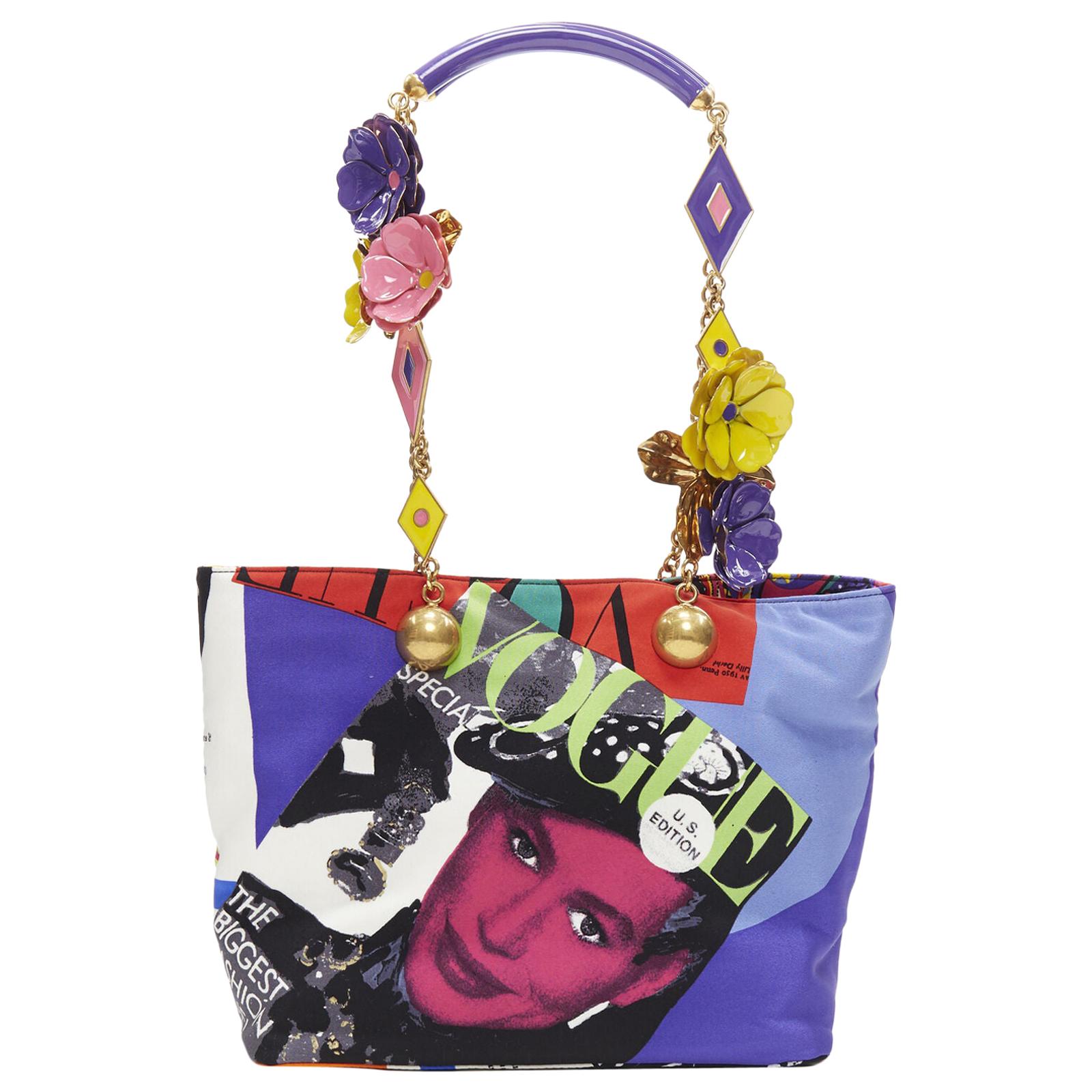 New VERSACE SS18 Tribute 1990 Pop Art Vogue print 3D enamel flower tote bag
