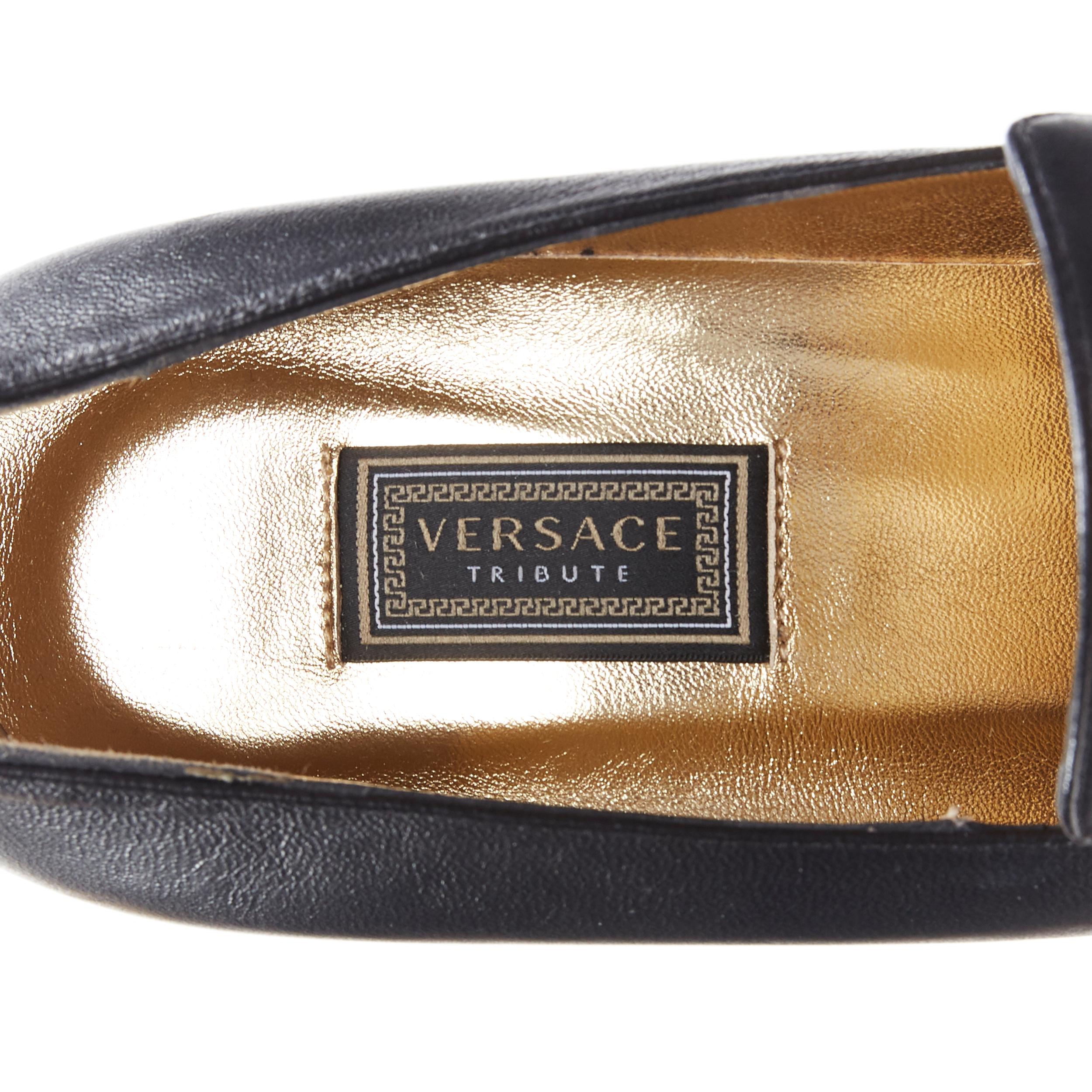 Women's new VERSACE SS18 Tribute black leather gold Medusa greca chain heel loafer EU38