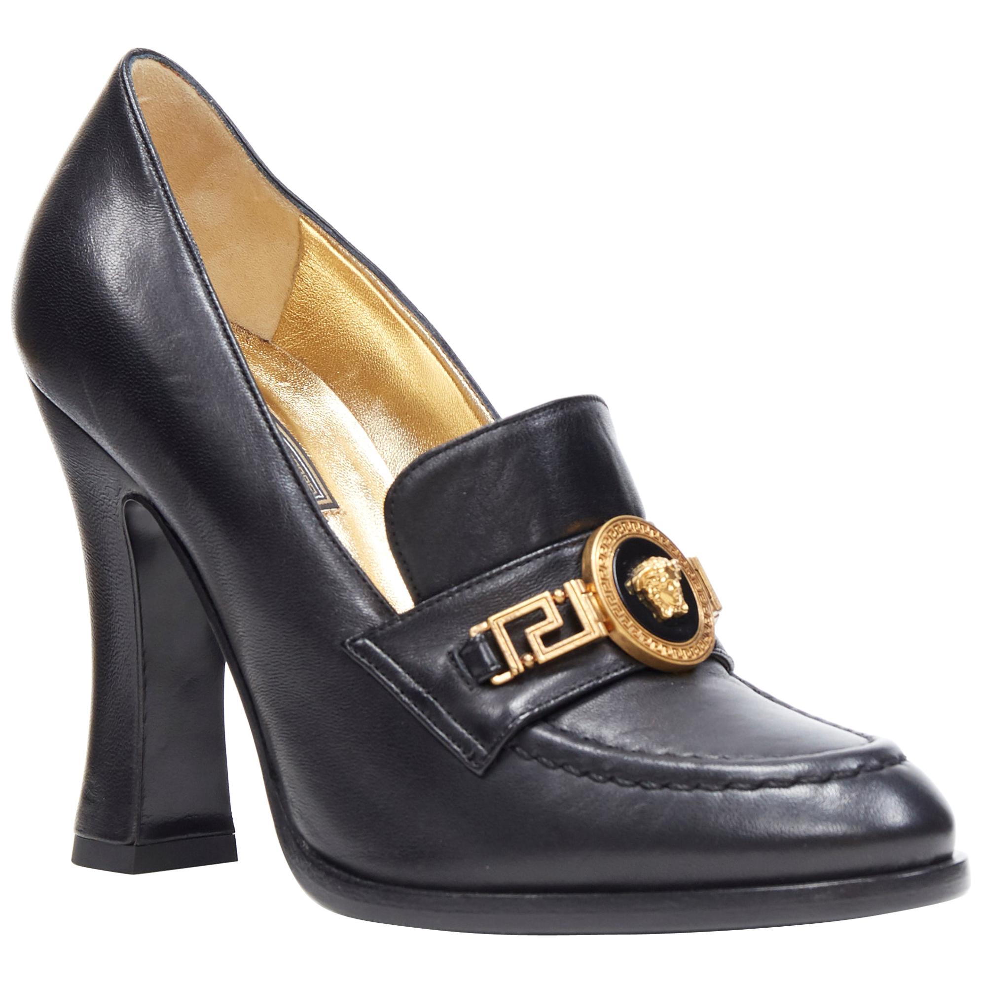 new VERSACE SS18 Tribute black leather gold Medusa greca chain heel loafer EU38