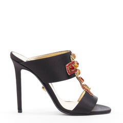 new VERSACE SS18 Tribute Byzantine Cross jewel embellished black satin mule EU37