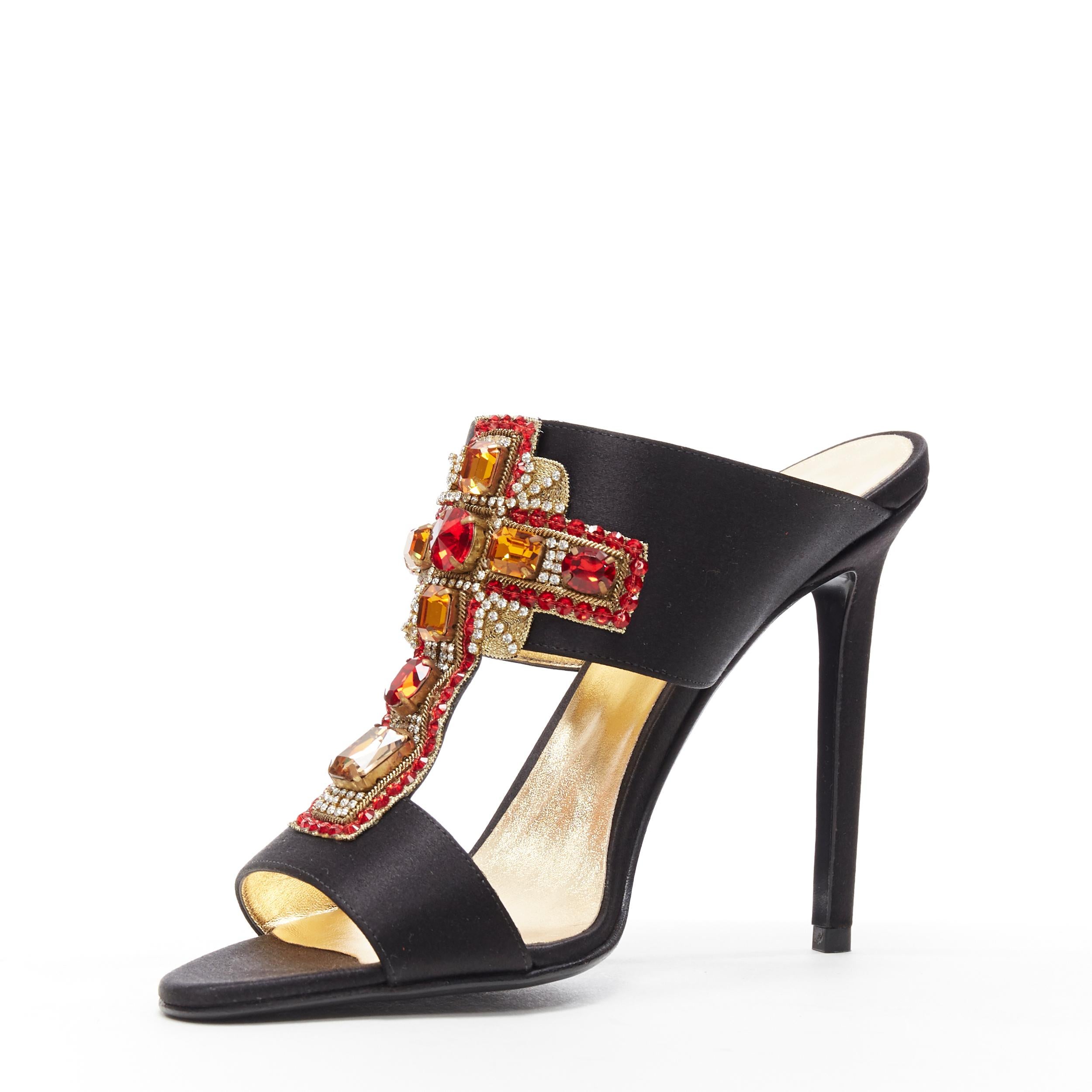 new VERSACE SS18 Tribute Byzantine Cross jewel embellished black satin mule EU37 In New Condition In Hong Kong, NT