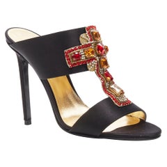 new VERSACE SS18 Tribute Byzantine Cross jewel embellished black satin mule EU37