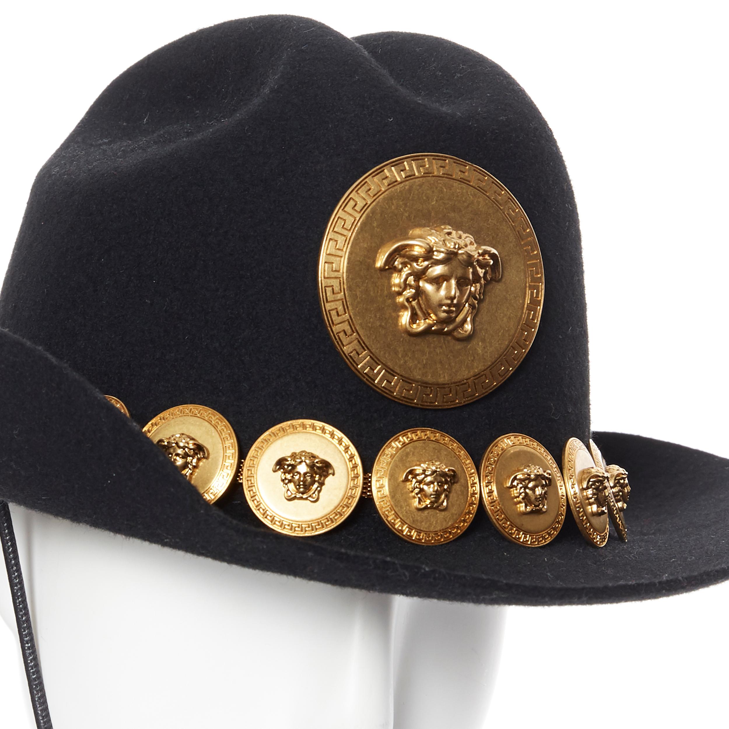 new VERSACE SS18 Tribute Runway black wool felt gold Medusa coin cowboy hat In New Condition In Hong Kong, NT
