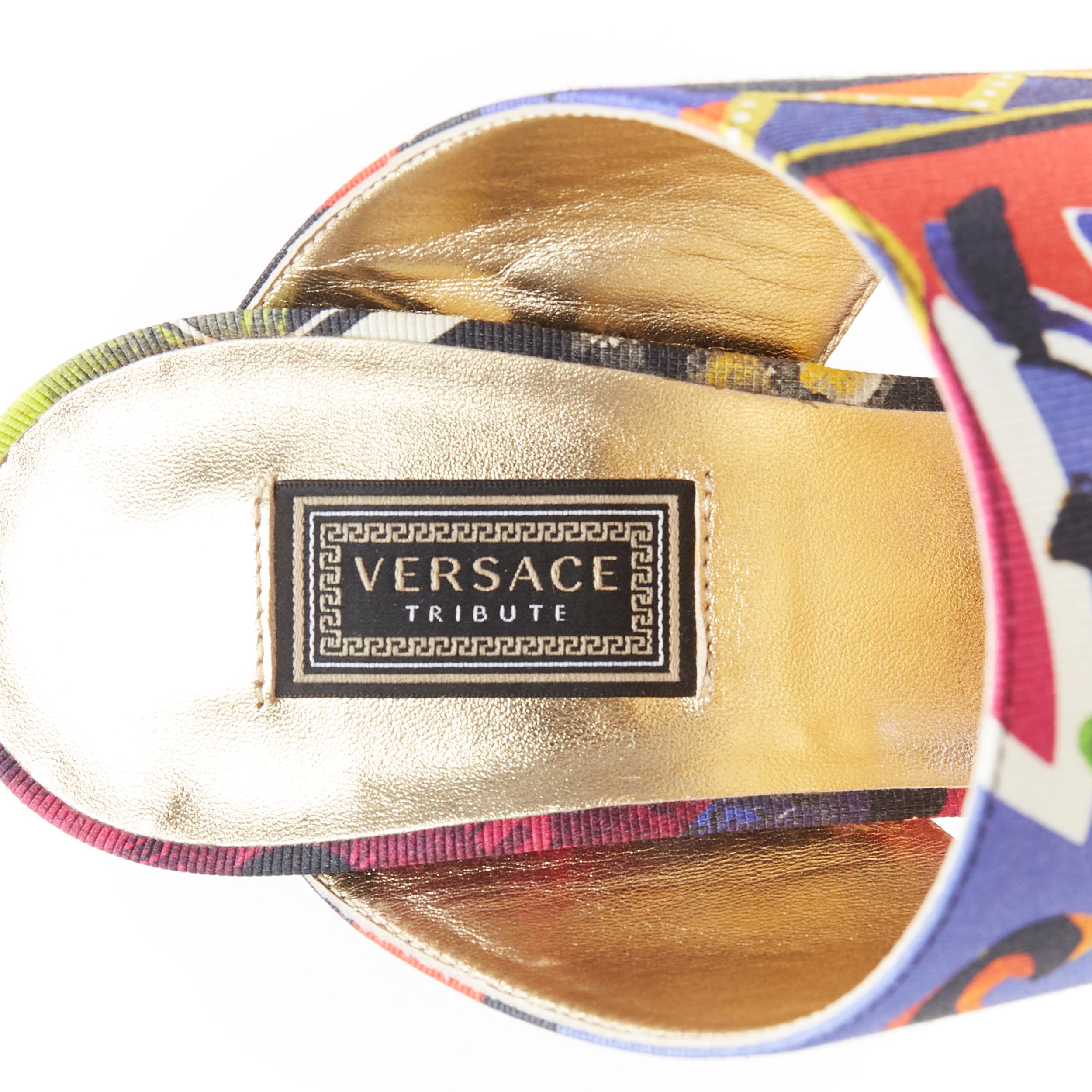 new VERSACE SS18 Vogue print multicolour dual strap open toe mule heel EU38 5