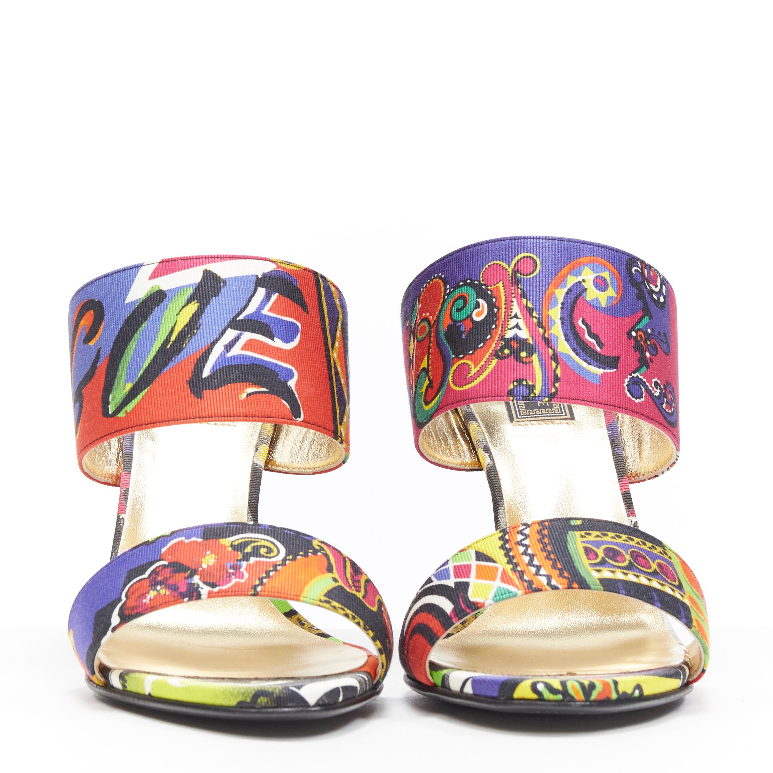 new VERSACE SS18 Vogue print multicolour dual strap open toe mule heel EU38 In Excellent Condition In Hong Kong, NT