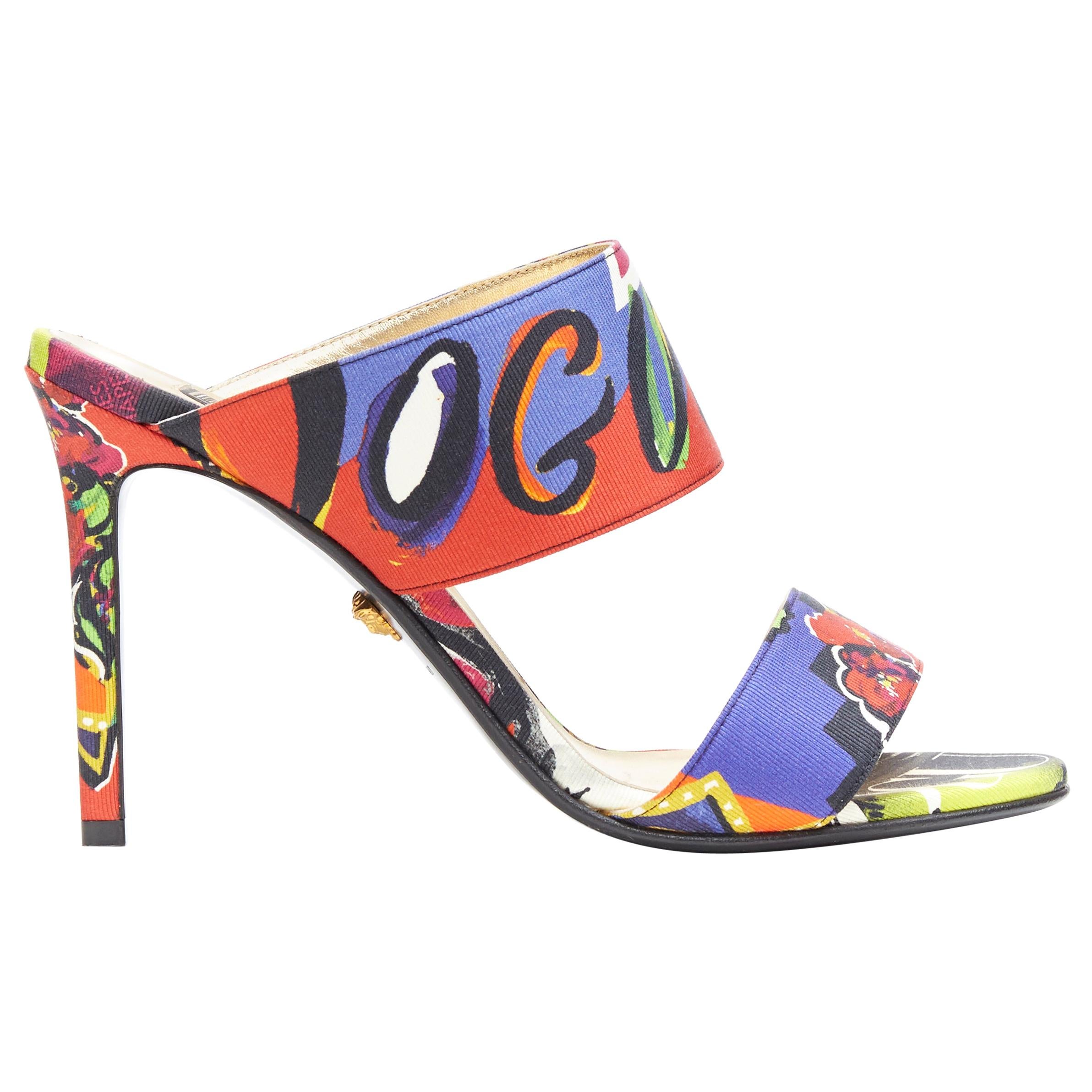 new VERSACE SS18 Vogue print multicolour dual strap open toe mule heel EU38