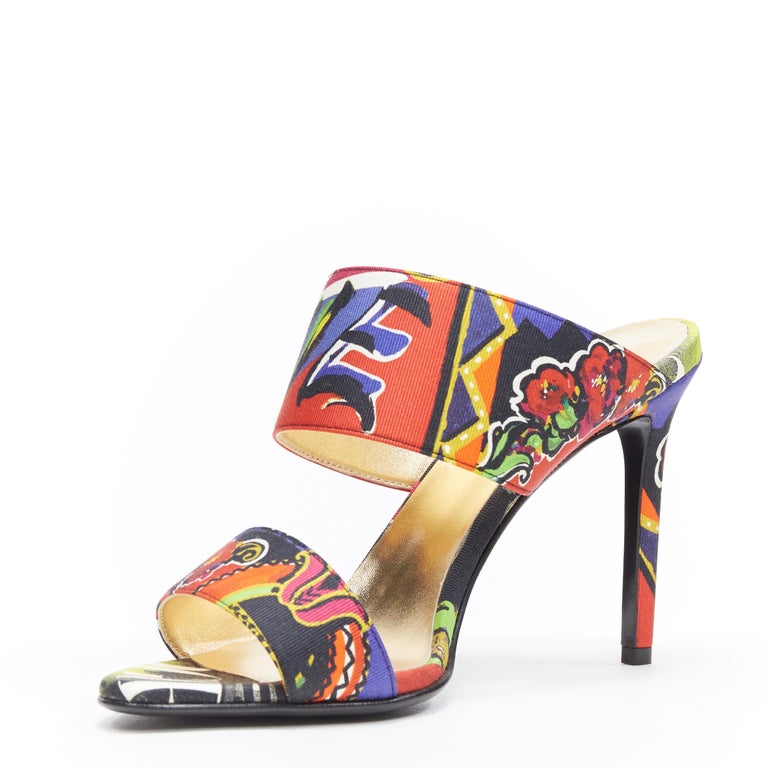 new VERSACE SS18 Vogue print multicolour dual strap open toe mule heel ...