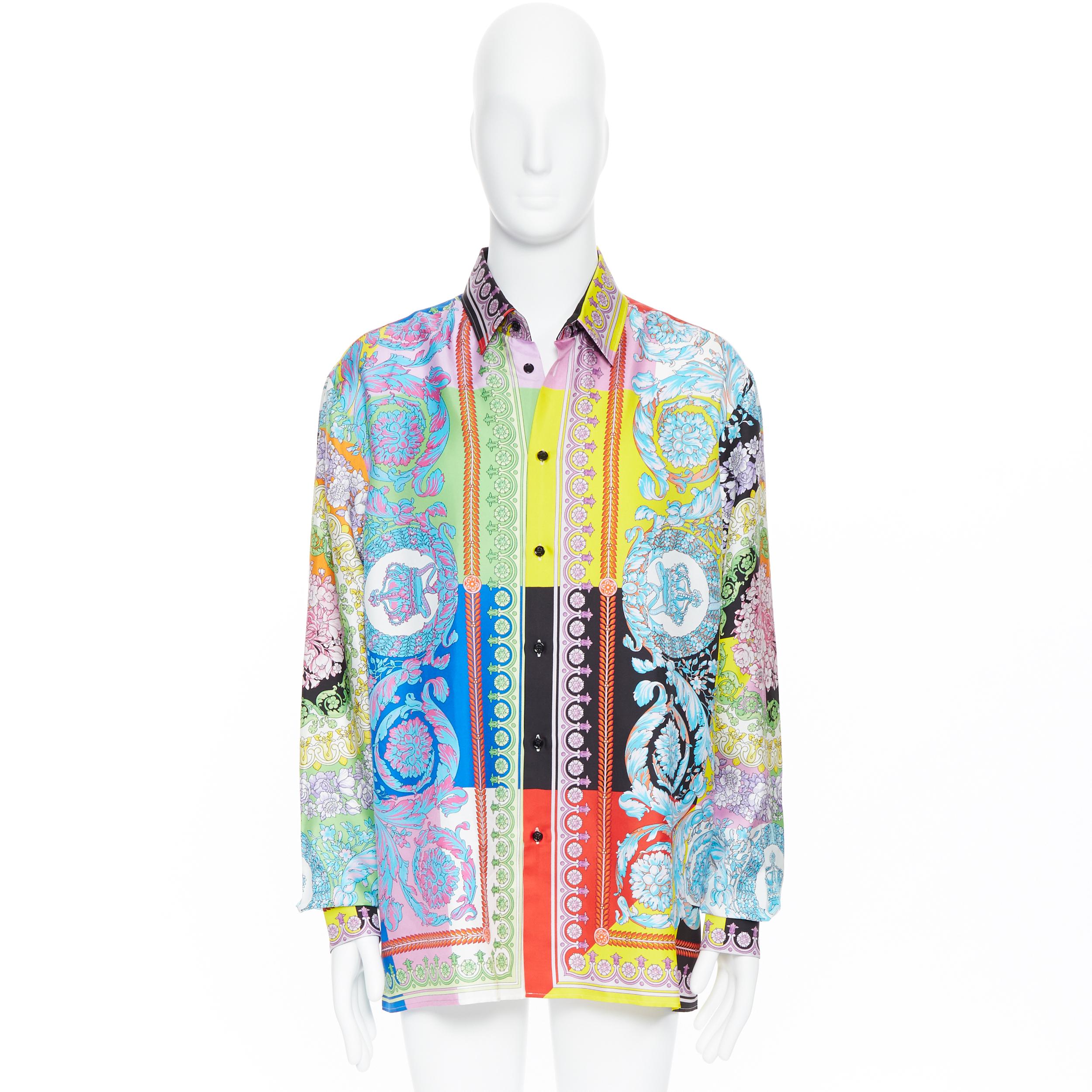 Grigio nuovo VERSACE SS19 100% seta Technicolor Barocco camicia floreale multicolore EU43