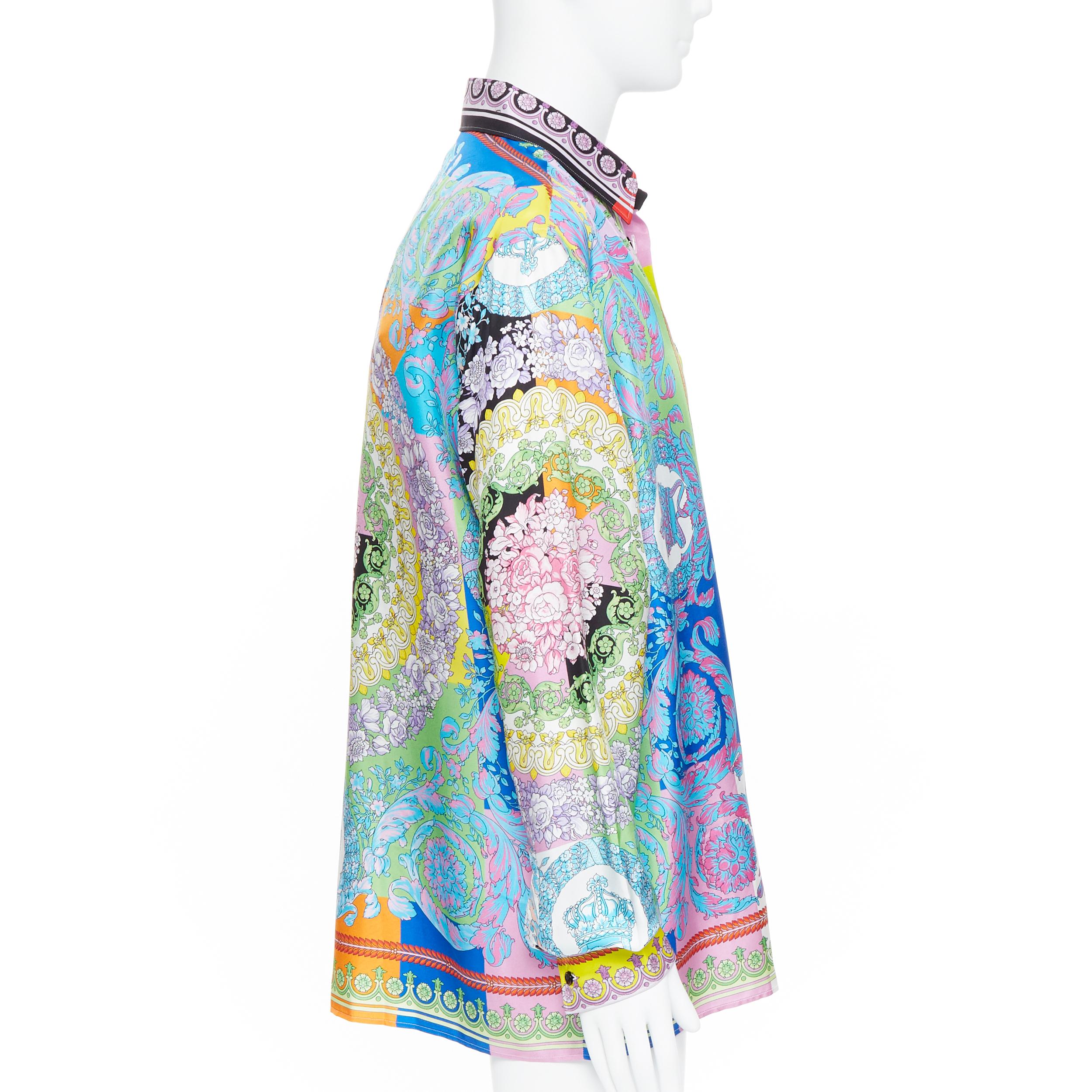 Uomo nuovo VERSACE SS19 100% seta Technicolor Barocco camicia floreale multicolore EU43