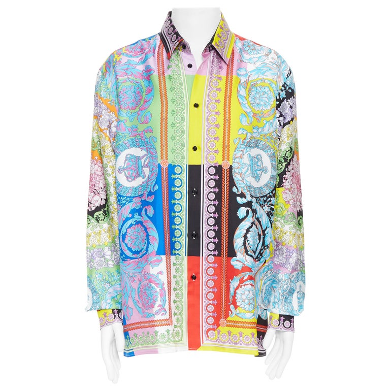 new VERSACE SS19 100% silk Technicolor Baroque multicolor floral shirt ...