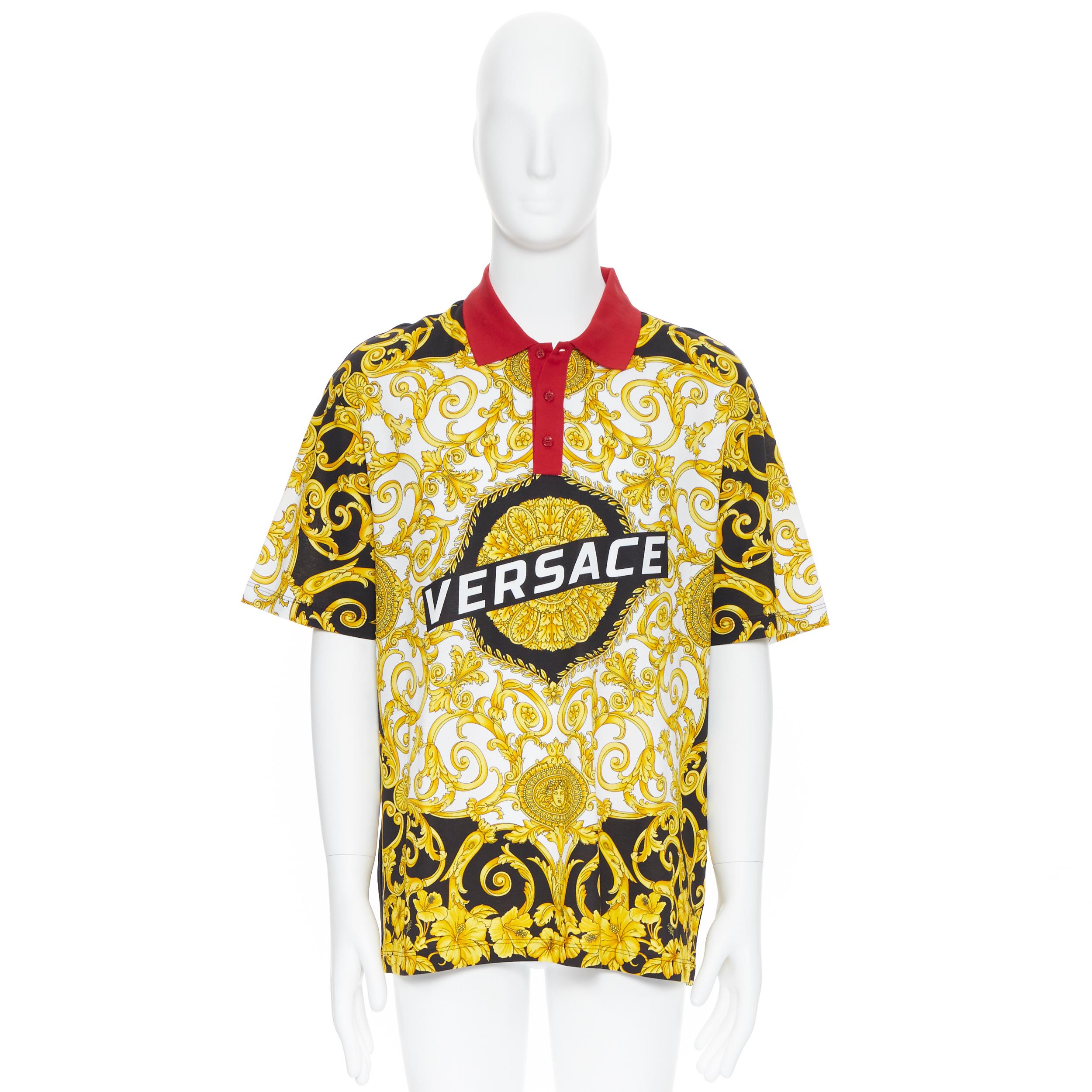 new VERSACE SS19 black gold baroque box logo Medusa print polo shirt top 4XL
Brand: Versace
Designer: Donatella Versace
Collection: SS19
Model Name / Style: Polo shurt
Material: Cotton
Color: Gold
Pattern: Floral
Closure: Button
Extra Detail: Red