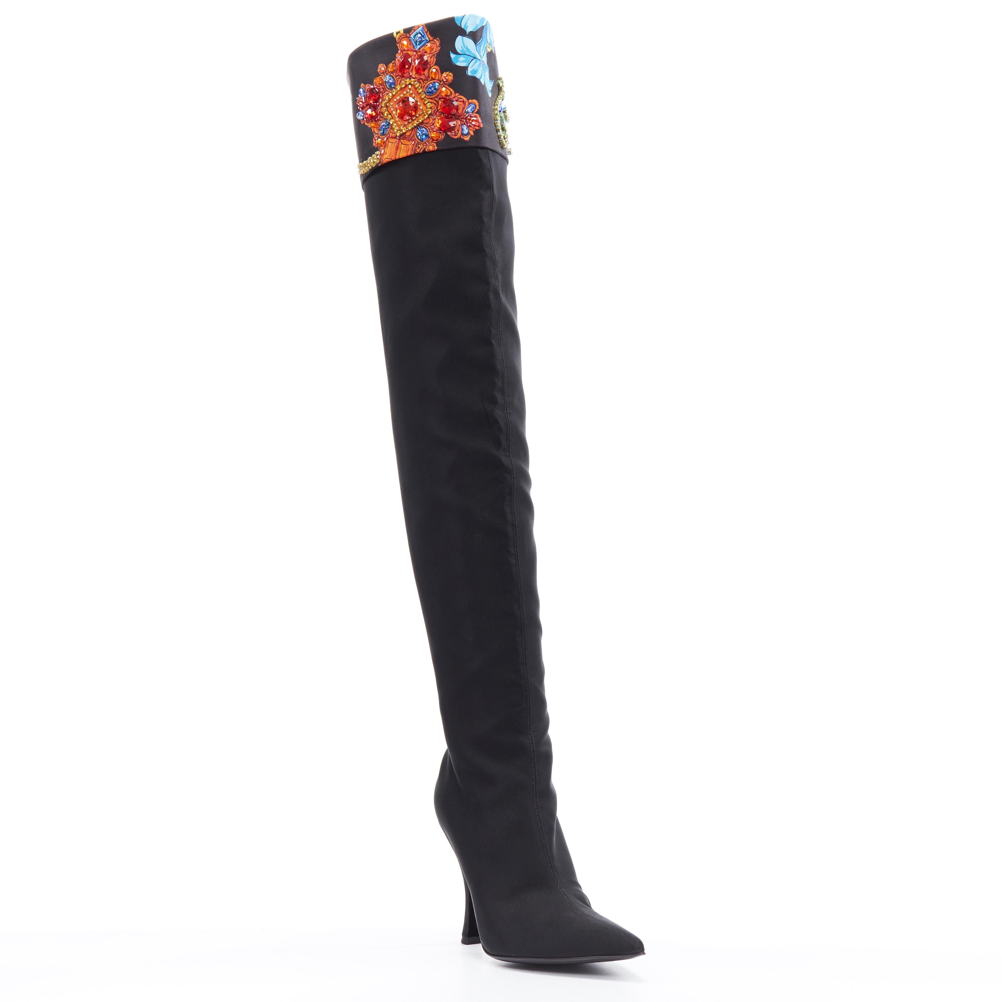 Women's new VERSACE SS19 runway black chain crystal embellished fold over knee boot EU40