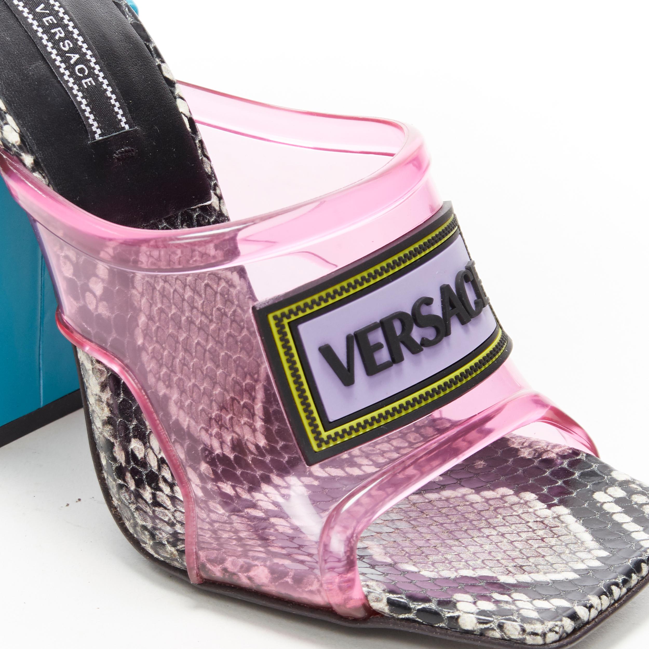 Women's new VERSACE SS19 Runway pink PVC 90's logo square toe block high heel mule EU36