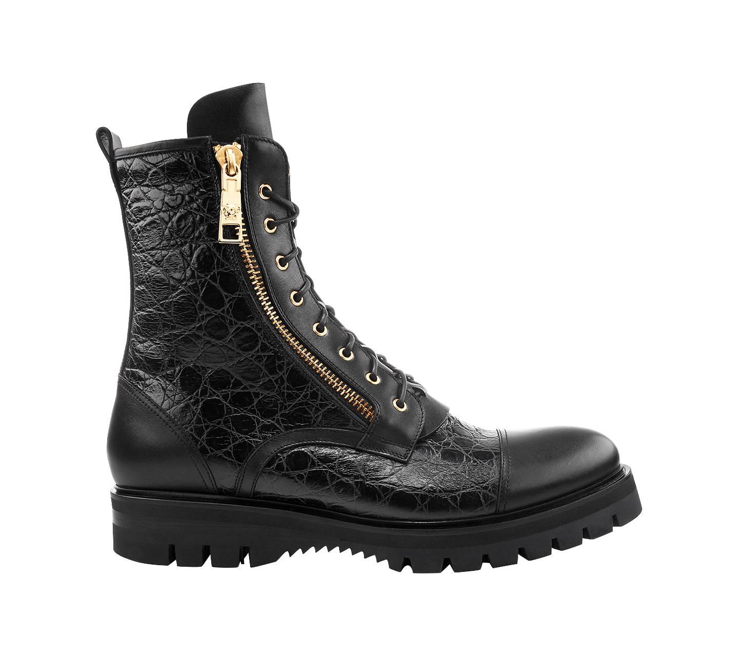 VERSACE

Fashioned in an army style, 
these stamped croc boots with gold-tone accents are a great choice for any edgy yet refined sartorial look. 


Men's Army Style Boot, Gold-Tone Medusas on front tongue, 

Gold-side zip with Medusa on gold-tone