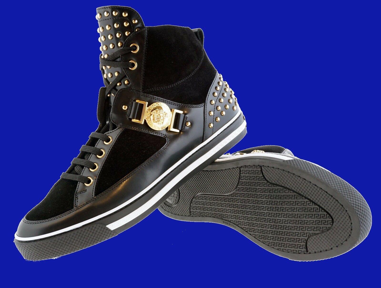 VERSACE 

Studded high-top sneakers 

This shoe is embodied in true Versace-style and

 features a great mix of black suede and smooth leathers with gold-tone accents.

Gold-tone studs complement the black silhouette on the heel and on the leather